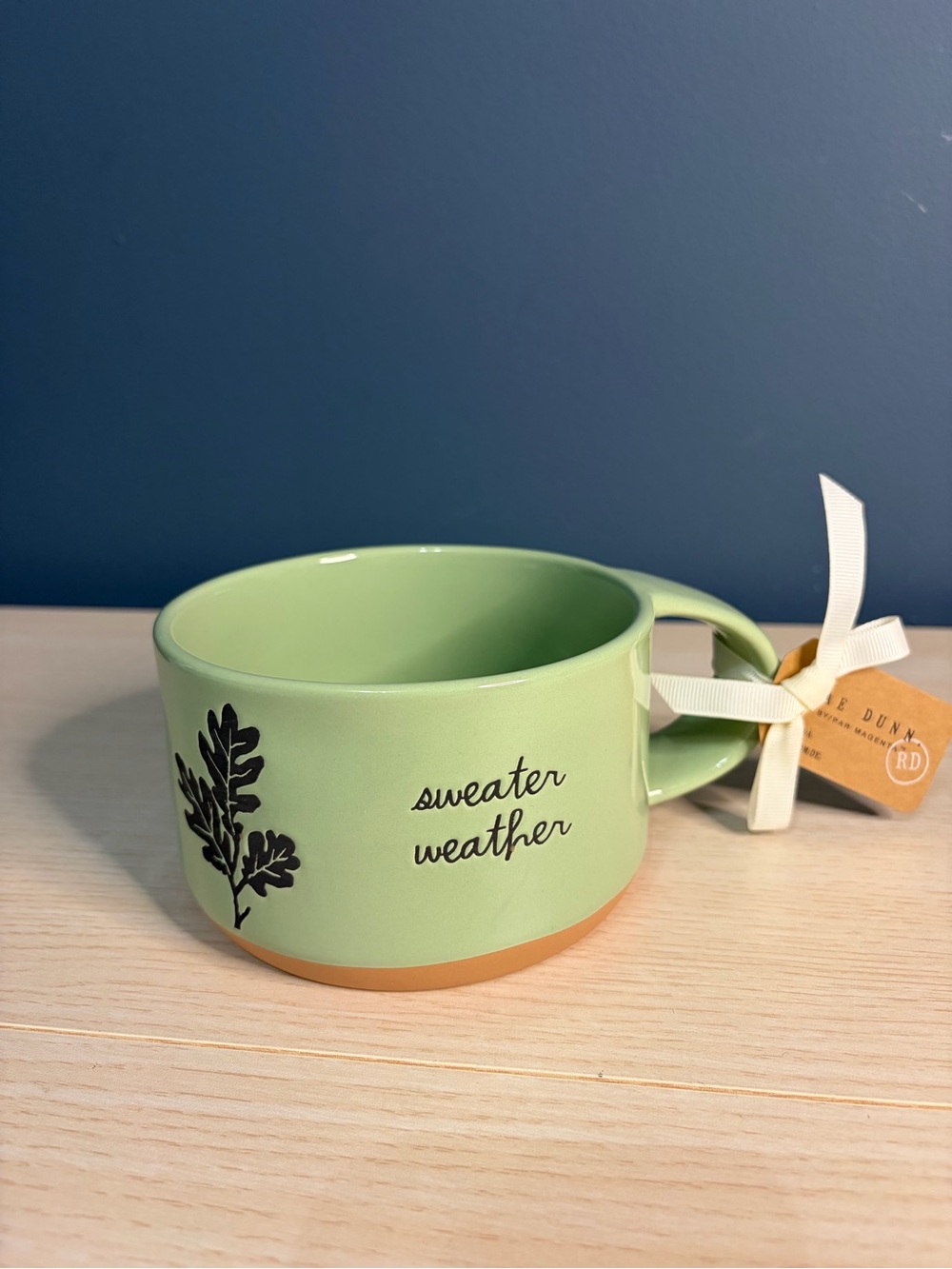 Rae Dunn Pale Green 'sweater weather' Ceramic Mug with Leaf Motif
